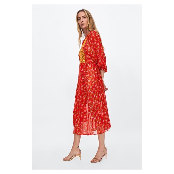 Zara Red Flowy Embroidered Dress - Picture 3 of 9